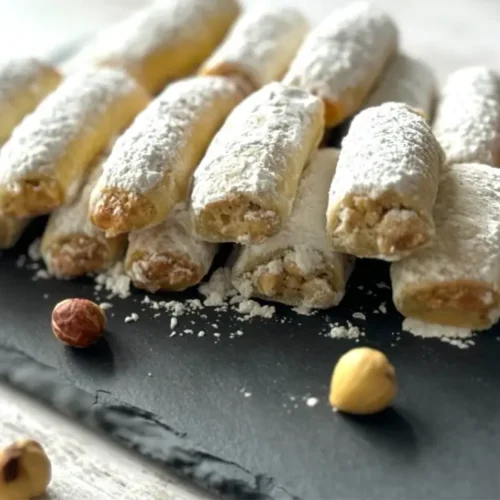 أصابع البندق الهشة على طبق أبيض مع رشّة من السكر البودرة، مثالية لتقديمها مع القهوة أو الشاي.