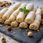 أصابع البندق الهشة الجاهزة في صحن مع رشّة من السكر البودرة