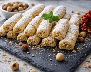 أصابع البندق الهشة الجاهزة في صحن مع رشّة من السكر البودرة